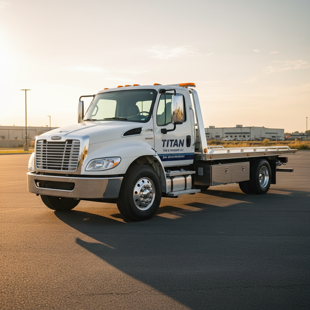 A clean, late-model flatbed tow truck with a gleaming white cab and bold navy-blue and silver “Titan Tow & Roadside LLC” branding along the doors and bed, parked at a slight angle in an open, well-maintained asphalt lot. The flatbed is empty, hydraulics neatly tucked, chrome details polished and reflective. Soft golden-hour sunlight washes across the truck from the left, creating crisp highlights on metal edges and long, gentle shadows on the pavement. The background is softly blurred with hints of low industrial buildings and clear sky. Photographic realism, eye-level composition with a slight three-quarter view, sharp focus on the truck, clean and modern mood conveying professionalism, reliability, and readiness.