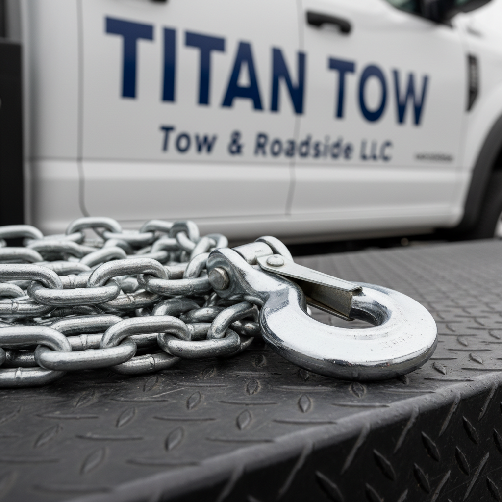 A detailed close-up of a polished tow truck hook and heavy-duty steel chain resting neatly coiled on a textured black diamond-plate truck bed. The metal surfaces show subtle wear but are clean and well-maintained, with the hook’s curved form catching the light. Soft overcast daylight creates diffused reflections and gentle shadows, emphasizing the textures of steel and patterned plate. In the blurred background, the side of a white tow truck with navy-blue “Titan Tow & Roadside LLC” lettering is partially visible. Shot from a low, side angle with shallow depth of field, photographic realism, creating a crisp, professional, dependable atmosphere suitable for a towing service brand.