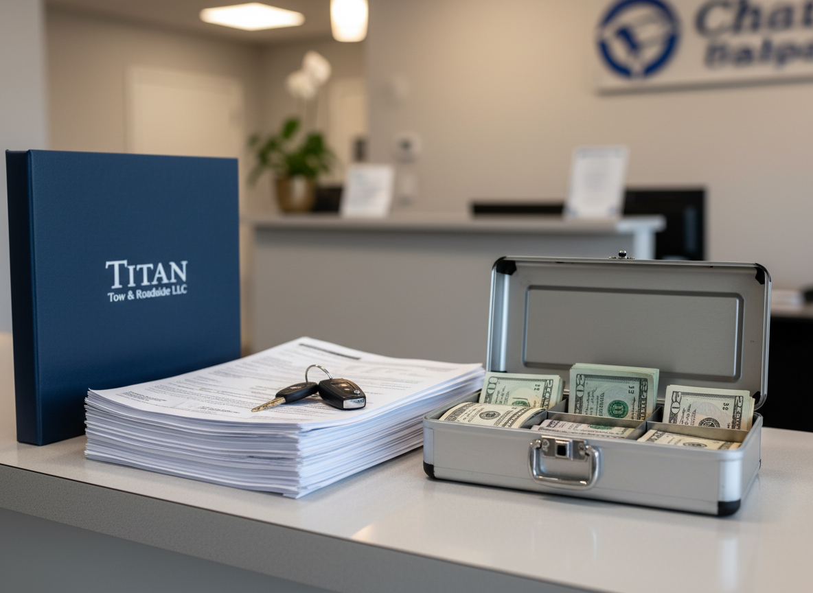 A crisp, modern office-style countertop scene featuring a neatly stacked set of vehicle titles and sale forms beside a small, open metal cash box filled with organized US dollar bills, representing same-day cash for cars. A key ring with assorted car keys rests on the counter, along with a clean navy-blue folder subtly branded with “Titan Tow & Roadside LLC” in white. The surface is smooth light-gray laminate, with a softly blurred background suggesting a simple, professional reception area. Warm, indirect indoor lighting creates soft highlights on the paper edges and metal cash box, minimal shadows, and a clean, trustworthy atmosphere. Photographic realism, eye-level composition with shallow depth of field, projecting efficiency and reliability in the cash-for-cars process.