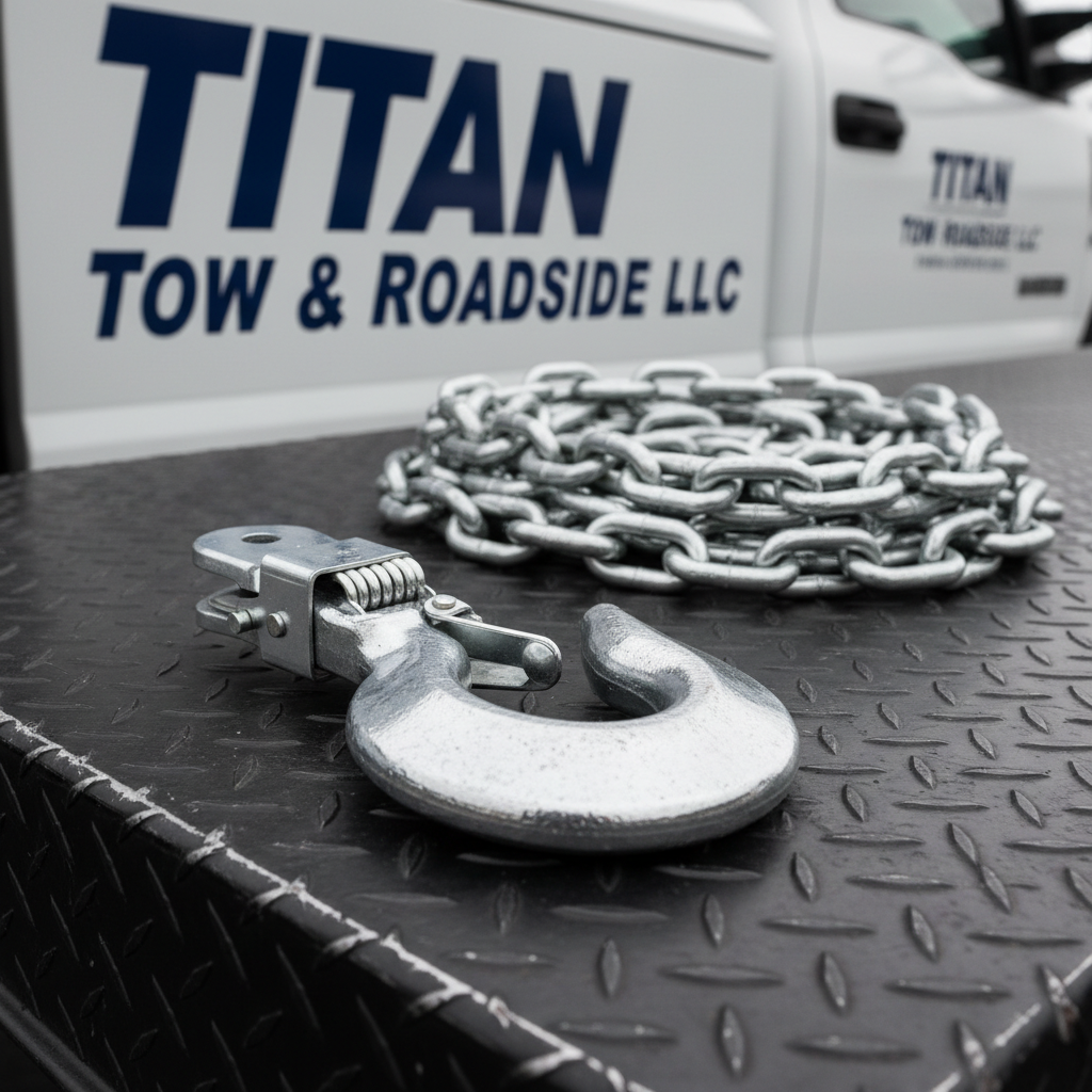 A detailed close-up of a polished tow truck hook and heavy-duty steel chain resting neatly coiled on a textured black diamond-plate truck bed. The metal surfaces show subtle wear but are clean and well-maintained, with the hook’s curved form catching the light. Soft overcast daylight creates diffused reflections and gentle shadows, emphasizing the textures of steel and patterned plate. In the blurred background, the side of a white tow truck with navy-blue “Titan Tow & Roadside LLC” lettering is partially visible. Shot from a low, side angle with shallow depth of field, photographic realism, creating a crisp, professional, dependable atmosphere suitable for a towing service brand.