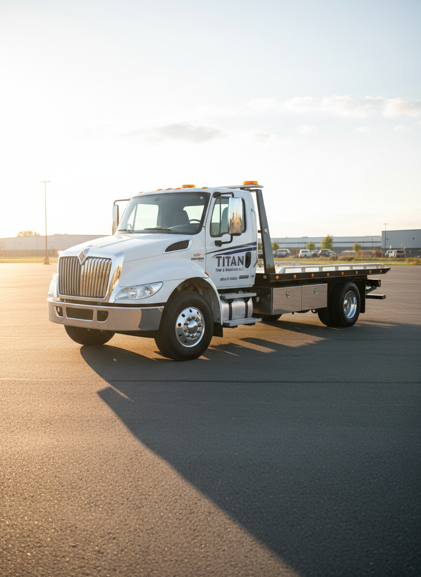 A clean, late-model flatbed tow truck with a gleaming white cab and bold navy-blue and silver “Titan Tow & Roadside LLC” branding along the doors and bed, parked at a slight angle in an open, well-maintained asphalt lot. The flatbed is empty, hydraulics neatly tucked, chrome details polished and reflective. Soft golden-hour sunlight washes across the truck from the left, creating crisp highlights on metal edges and long, gentle shadows on the pavement. The background is softly blurred with hints of low industrial buildings and clear sky. Photographic realism, eye-level composition with a slight three-quarter view, sharp focus on the truck, clean and modern mood conveying professionalism, reliability, and readiness.