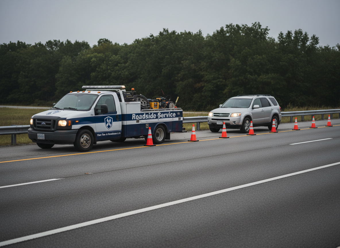 A compact roadside assistance truck with tidy “Roadside Service” and “Titan Tow & Roadside LLC” graphics on a white and navy body, parked on the shoulder behind a disabled mid-size SUV with hazard lights glowing softly. Cones are placed in a neat line behind both vehicles on a clean asphalt highway, with a guardrail and distant treeline gently blurred. Early morning overcast light provides even, diffused illumination with minimal harsh shadows, emphasizing clarity and safety. Photographic realism, slightly elevated three-quarter angle capturing both vehicles and road context, sharp focus throughout. The mood is calm, efficient, and reassuring, ideal for illustrating emergency roadside help such as jump-starts, tire changes, and lockouts.