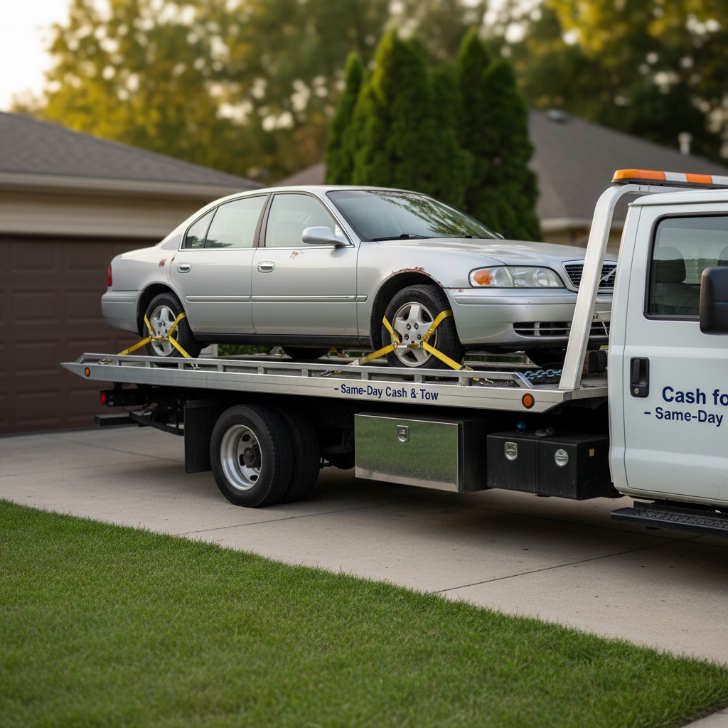 An older, slightly dented sedan in dull silver sits centered on a clean flatbed tow truck, secured with bright yellow wheel straps and heavy-duty chains, illustrating a cash-for-cars pickup. The car shows faded paint and minor rust but is intact and neatly positioned. The tow truck features subtle “Cash for Cars – Same-Day Cash & Tow” signage along the side in navy blue and white. Captured in a suburban driveway with trimmed grass and a simple garage in the softly blurred background. Late afternoon natural light casts balanced, neutral tones with light shadows. Photographic realism, eye-level composition, calm, straightforward mood highlighting hassle-free vehicle removal and professionalism.