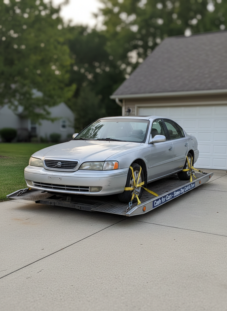An older, slightly dented sedan in dull silver sits centered on a clean flatbed tow truck, secured with bright yellow wheel straps and heavy-duty chains, illustrating a cash-for-cars pickup. The car shows faded paint and minor rust but is intact and neatly positioned. The tow truck features subtle “Cash for Cars – Same-Day Cash & Tow” signage along the side in navy blue and white. Captured in a suburban driveway with trimmed grass and a simple garage in the softly blurred background. Late afternoon natural light casts balanced, neutral tones with light shadows. Photographic realism, eye-level composition, calm, straightforward mood highlighting hassle-free vehicle removal and professionalism.